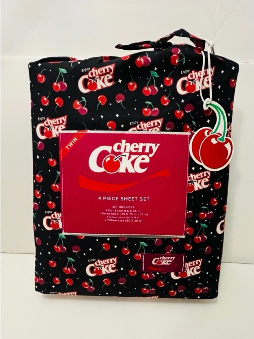 Cherry Coke Twin Size 4 Piece Sheet Set Black Red White Green